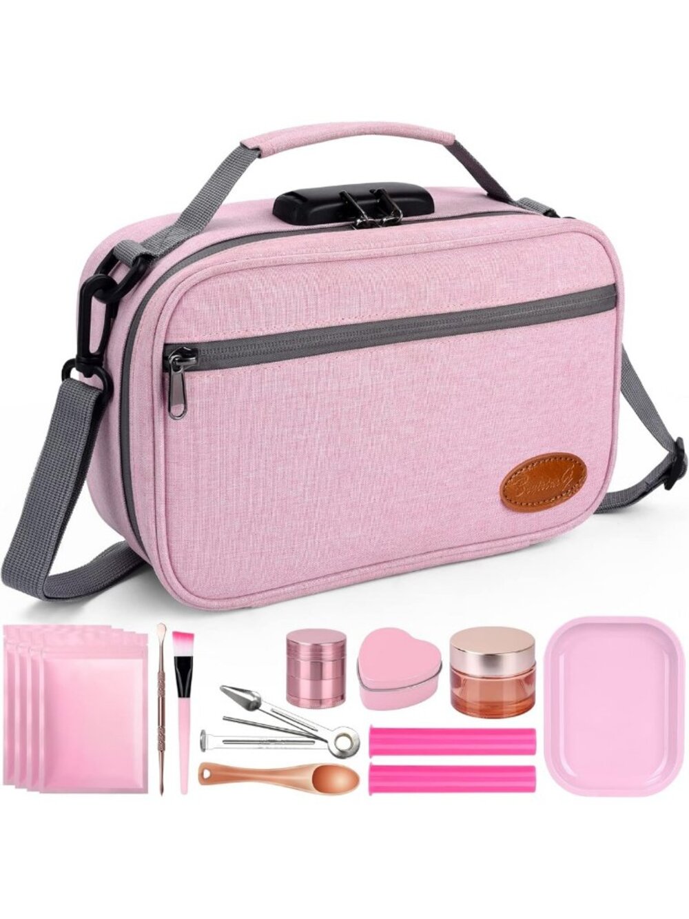 10pc Carbon Lined Pouches Set with Accessories, Combo Lock Travel Case, Pink